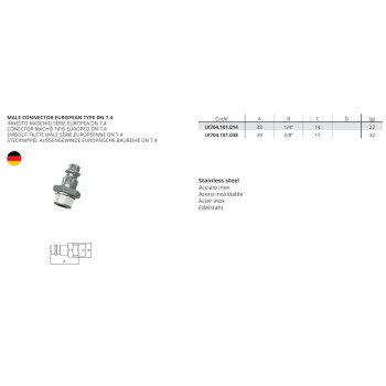 Európai csatl. külső m. - 1/4'' - rozsdamentes