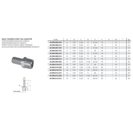 Külső menetes tömlőcsonk - d6 - 1/4"