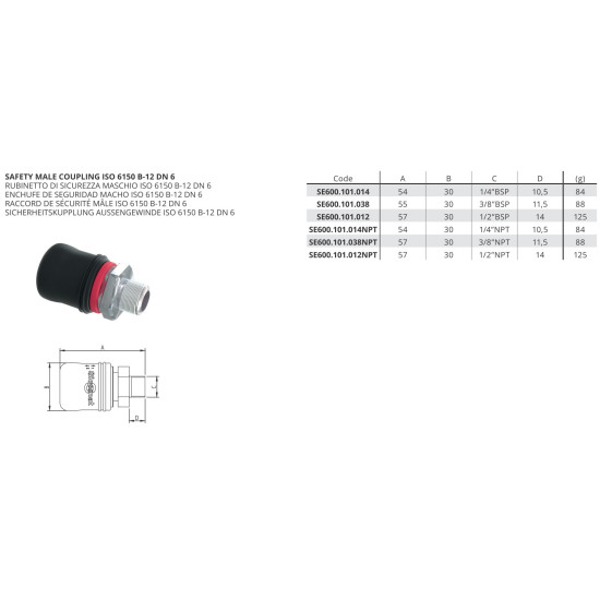 Kuplung Csatlakozó - Biztonsági külső csatl., ISO 6150 B-12 DN6 1/4'' NPT