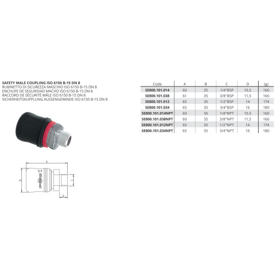 Kuplung Csatlakozó - Biztonsági külső csatl., ISO 6150 B-15 DN8 3/8'' NPT