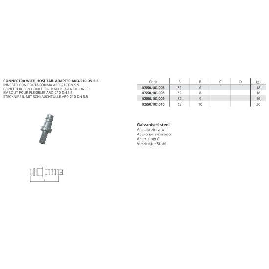 Kuplung Csatlakozó - csatl. tömlőcsatl.: Aro-210 DN5.5 d. 8