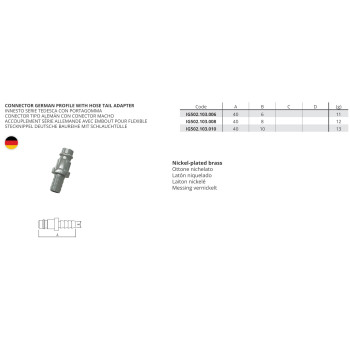 Kuplung Csatlakozó - Univerzális gyorscsatl., német, tömlőhöz D=10mm