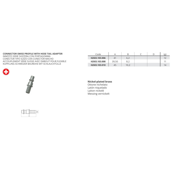 Kuplung Csatlakozó - Univerzális gyorscsatl., svájci, tömlőhöz D=10.2mm