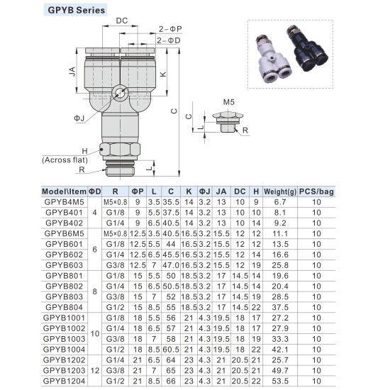 Menetes Y- csatlakozó - M5, d=4mm, műanyag, szürke