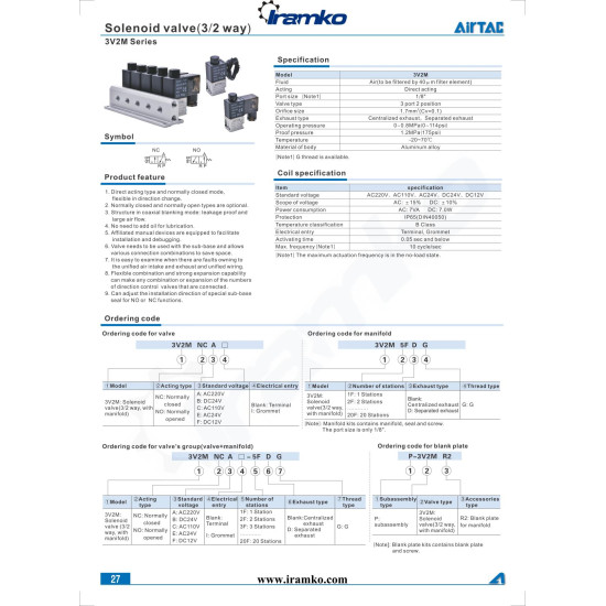  Pneu. szelep, elosztótömbbel - 3/2 utú, NO, 1/8'', AC 220 V, 14 áll., középáll.