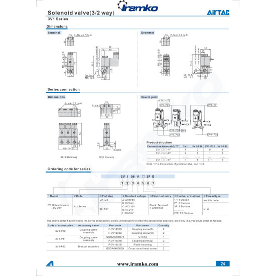  Pneumatika szelep - 3/2 utú, 1/8'' méret, AC 220 V, terminálos, 13 állomásos