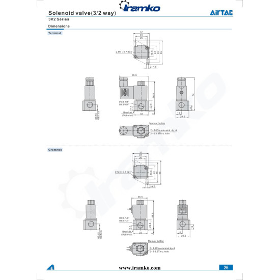 Pneumatika szelep - 3/2 utú, NO, 1/4'' méret, AC 24 V, terminálos