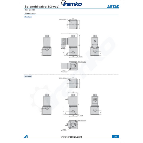 Pneumatika szelep - 3/2 utú, NC, 1/4'' méret, AC 24 V, terminálos