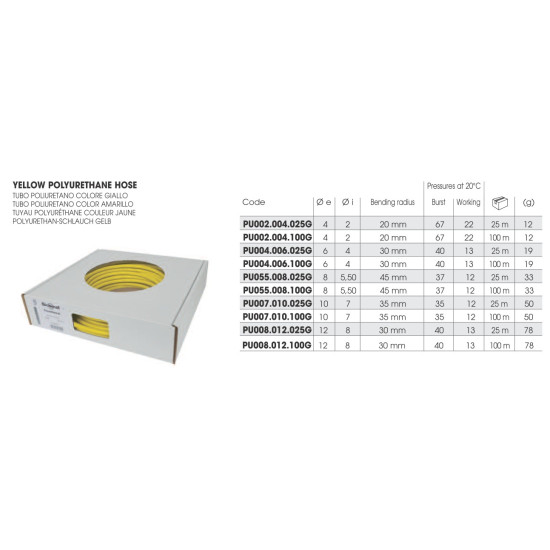 Poliuretán tömlő, sárga színű - Külső 6 mm - belső 4 mm - 100 méter