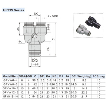 Y-csatlakozó - d1=10mm, d2=8mm, műanyag, szürke